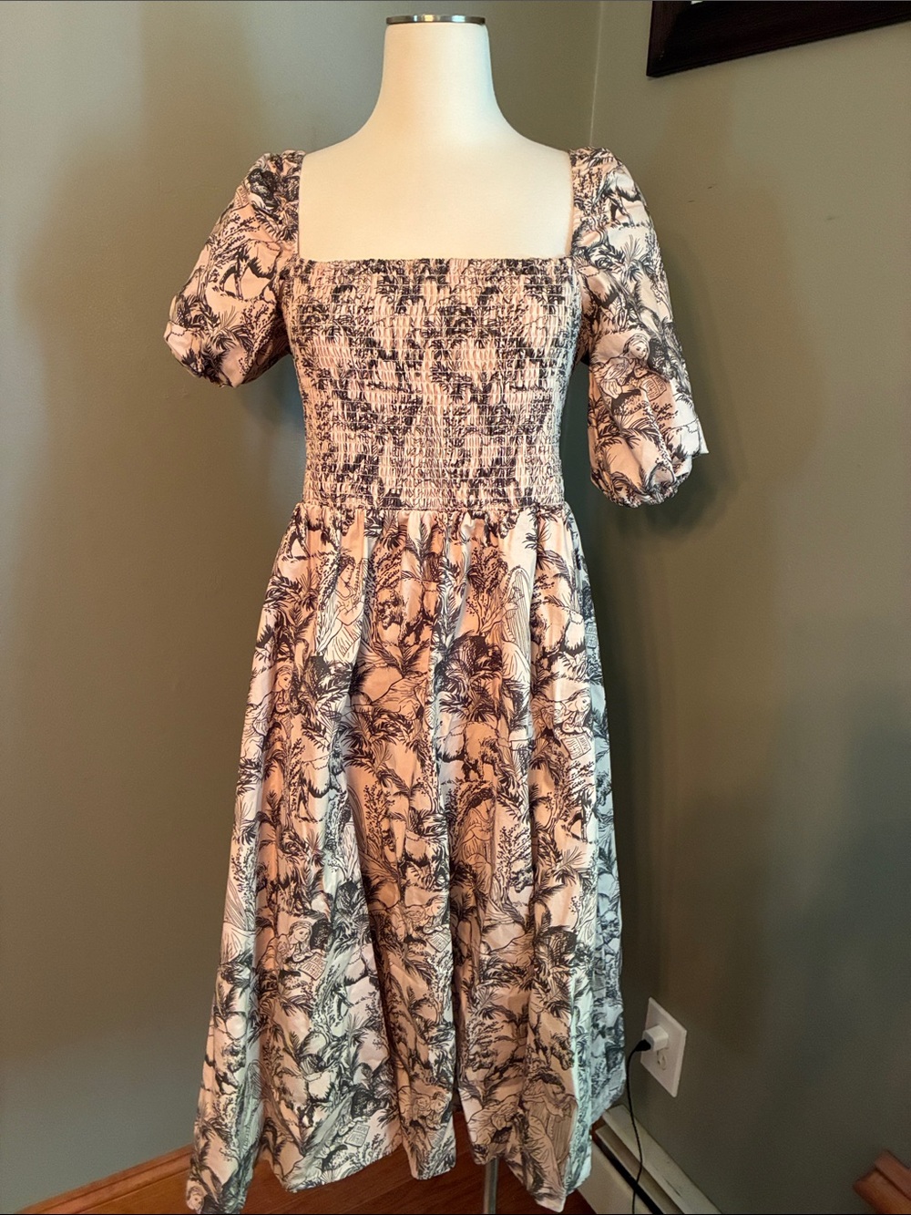 Smocked Square-Neck Floral Midi Dress in Cream and Sage